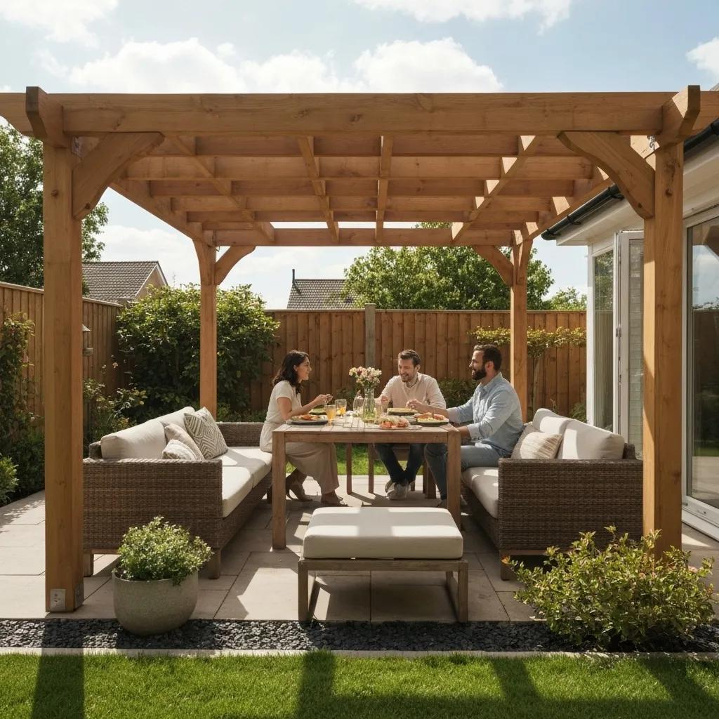 A family enjoying a meal together under a stylish pergola, highlighting the benefits of enhanced outdoor living.