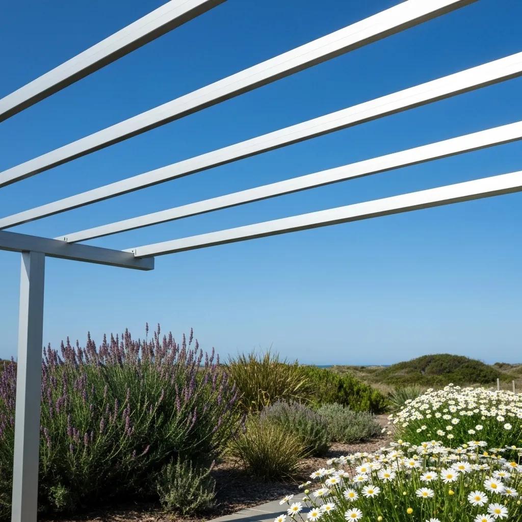 A modern aluminium pergola situated in a coastal garden, showcasing its low maintenance and durable qualities.