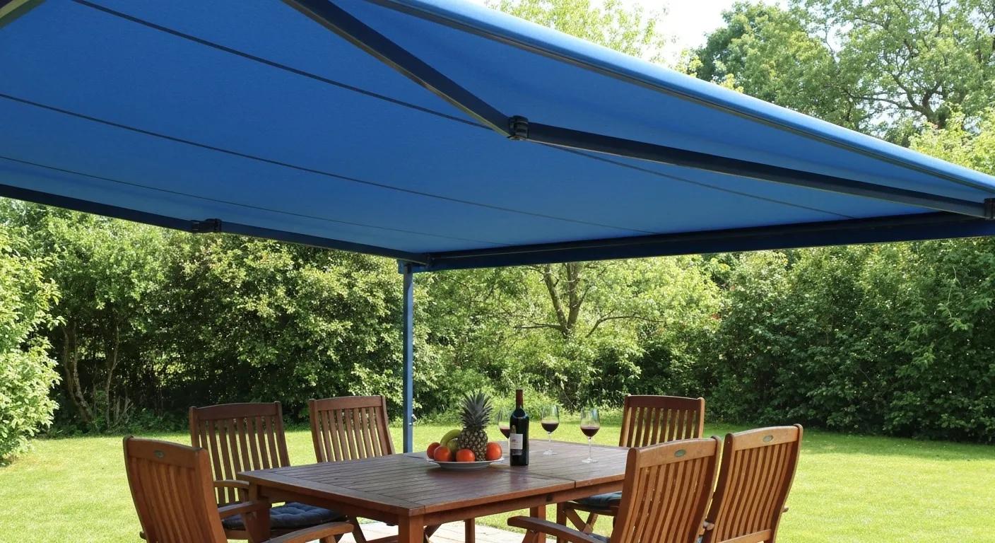 Ziptrak awning fully deployed over an outdoor dining area, demonstrating effective weather protection and design