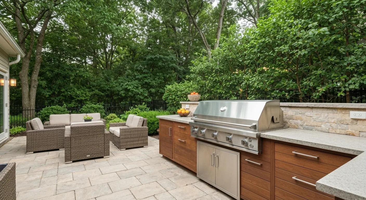 Inviting outdoor kitchen with grill and seating area in a lush backyard setting