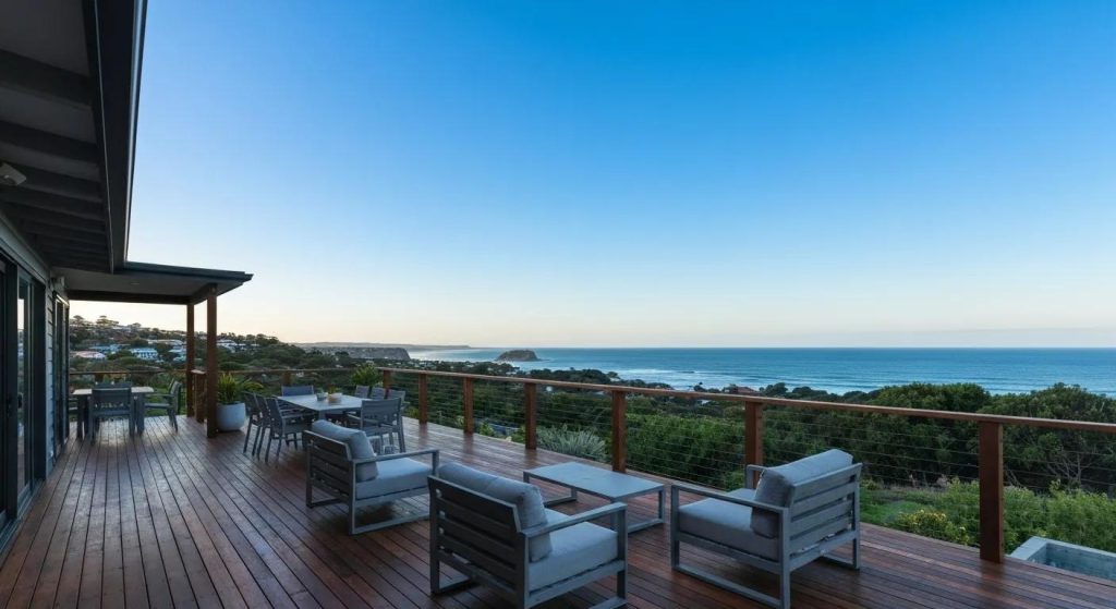 Beautifully constructed wooden deck in Wollongong with outdoor furniture and coastal view
