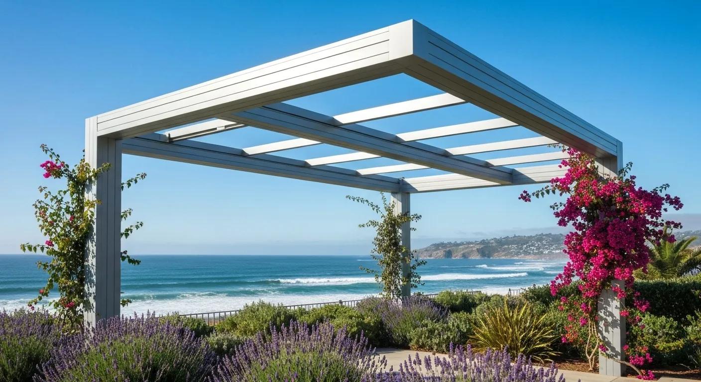 Modern aluminum pergola in a coastal setting highlighting durability and style