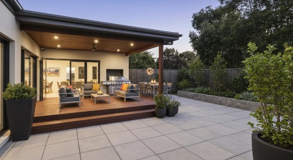 Custom outdoor living space with a deck and patio showcasing luxury and relaxation
