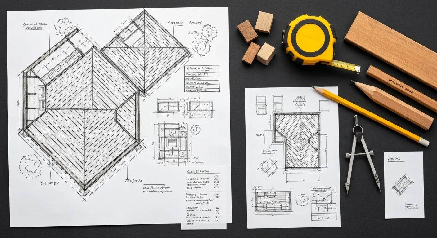 Custom deck design plan with sketches and tools showcasing the design process