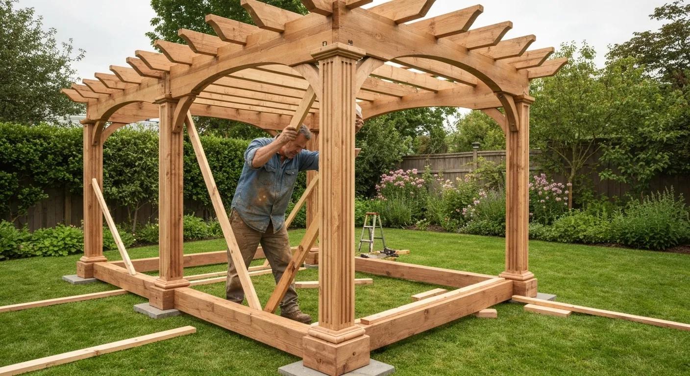 Craftsman building a custom pergola showcasing expert craftsmanship
