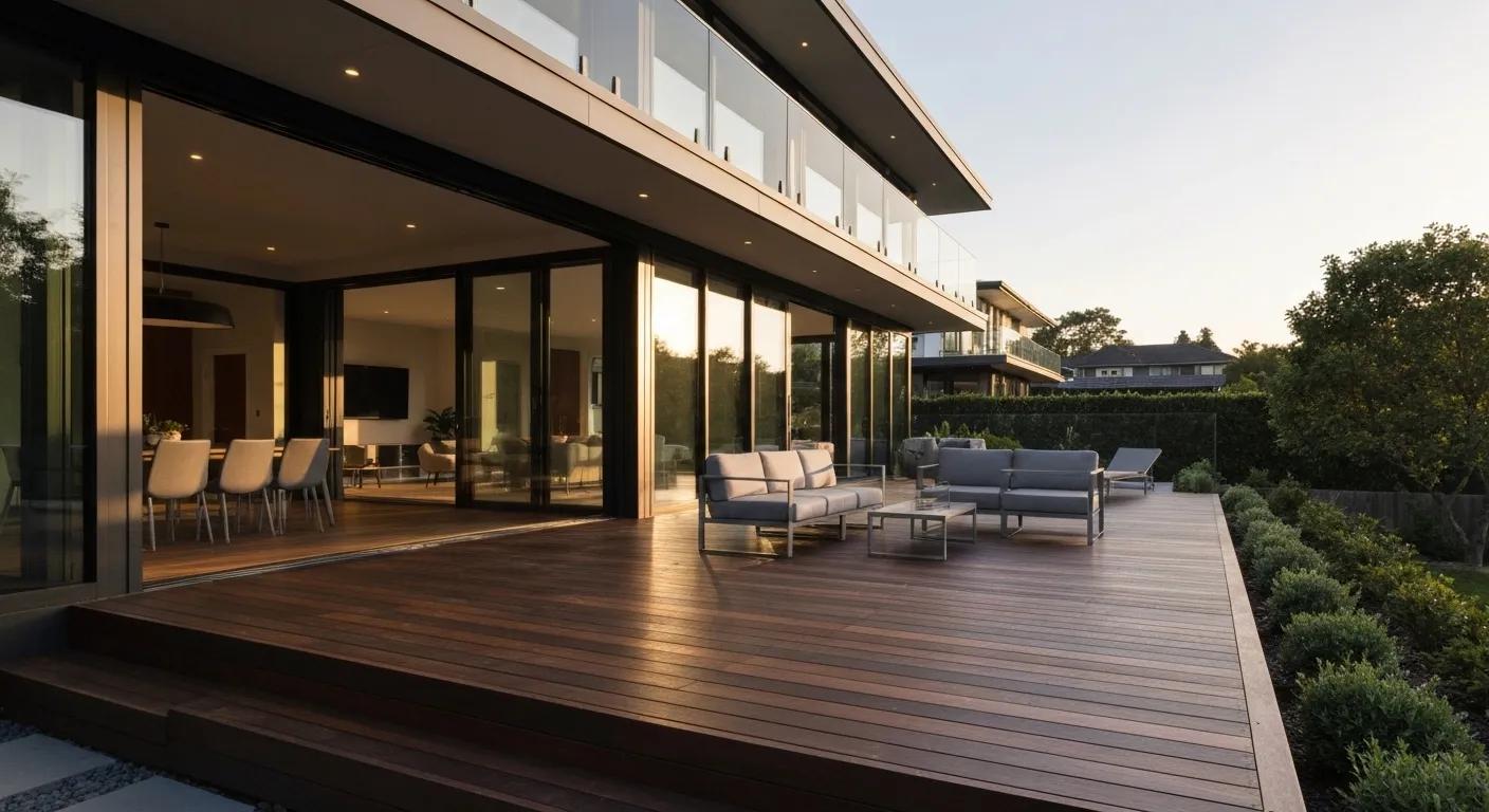 Custom hardwood deck enhancing a modern home with stylish outdoor furniture