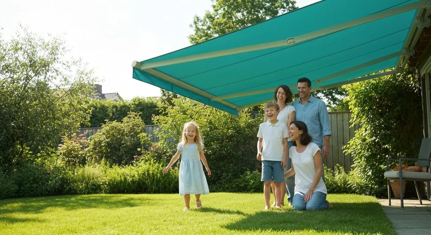 Family enjoying a sunny day under a partially extended retractable awning, highlighting its functionality and design