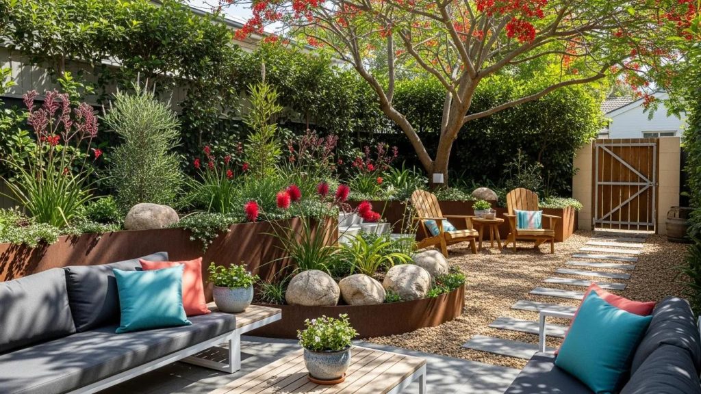 Beautifully renovated outdoor space in Wollongong with modern furniture and lush greenery