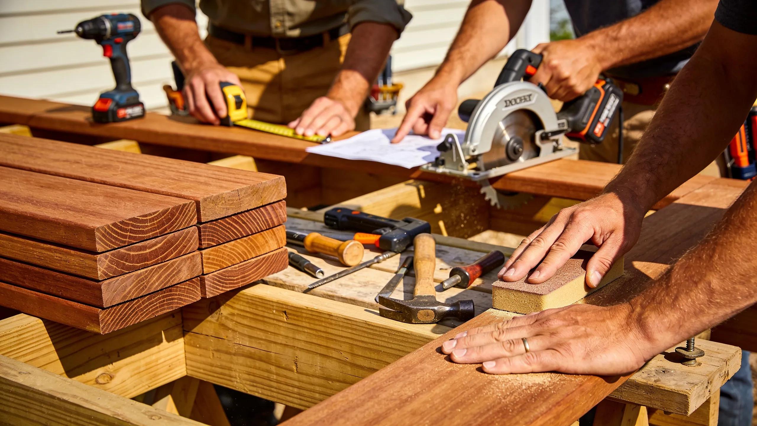 Skilled craftsmen engaged in deck construction, highlighting quality materials and workmanship.