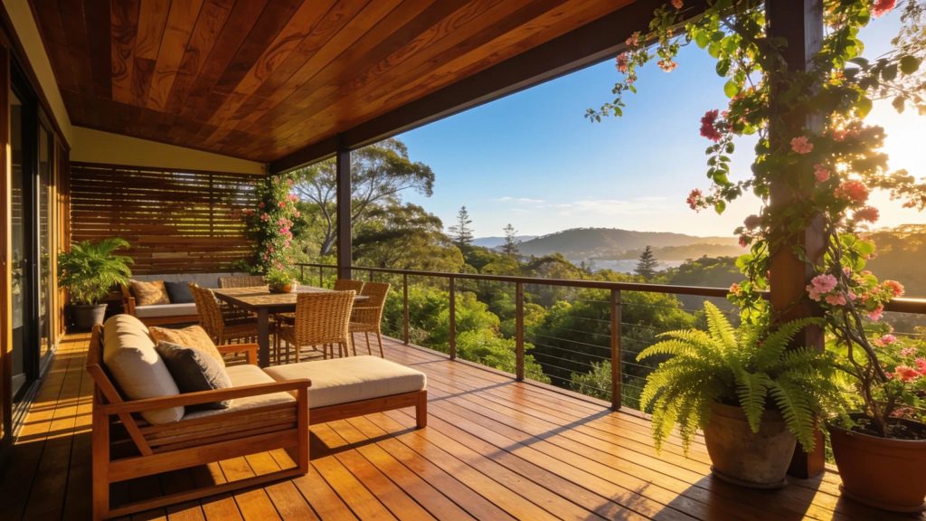 Custom wooden deck in Malabar with outdoor furniture, embodying quality craftsmanship and outdoor living.