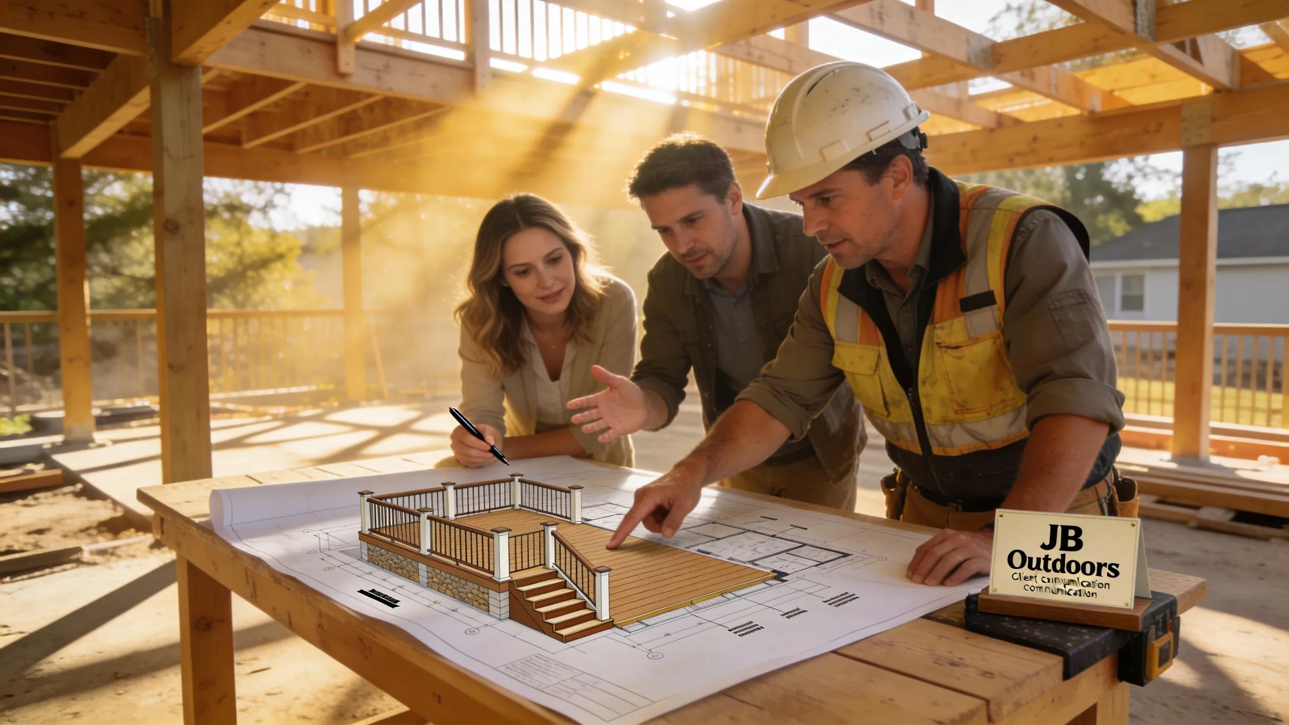 Contractor discussing deck design with clients, emphasizing the importance of transparent communication during project delivery.