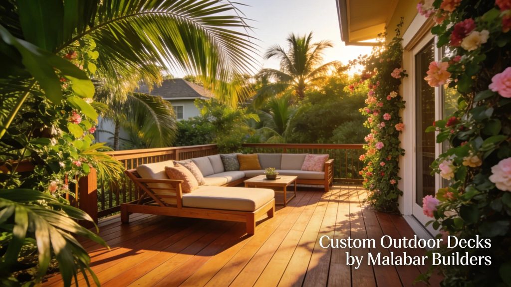 Beautiful outdoor deck with greenery in Malabar, showcasing quality craftsmanship and inviting design.