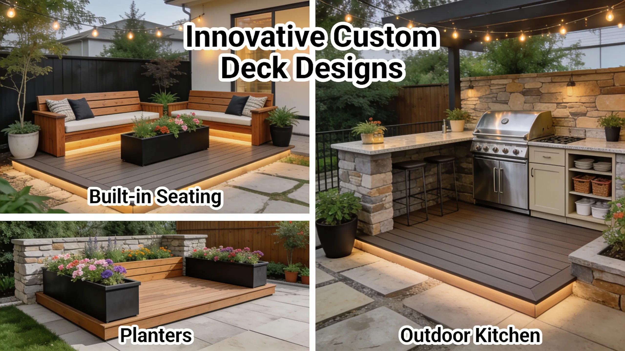 Showcase of stylish custom deck designs with built-in seating and planters, representing outdoor living options.