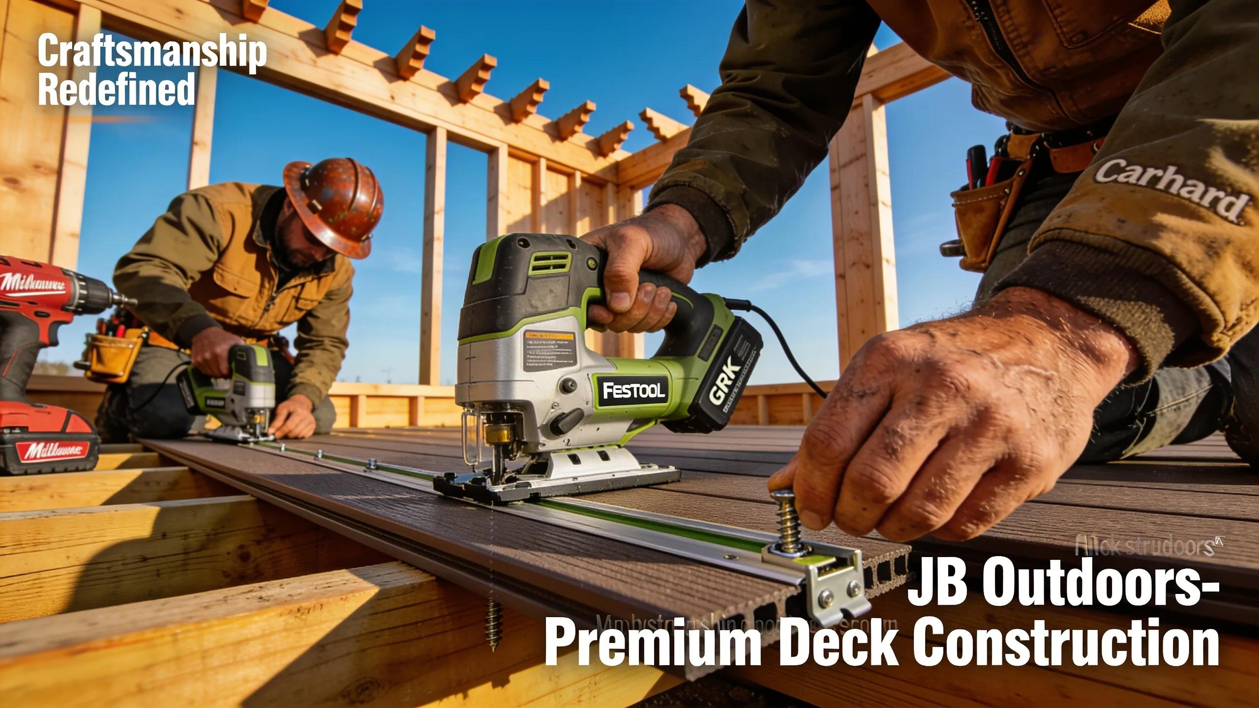 Skilled craftsmen constructing a deck, emphasizing premium materials and quality workmanship for durability.